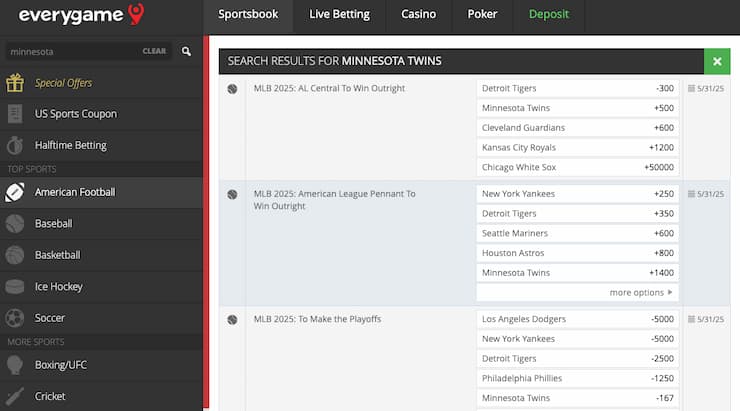 An image of the betting screen from Everygame, a popular online sportsbook in South Dakota.